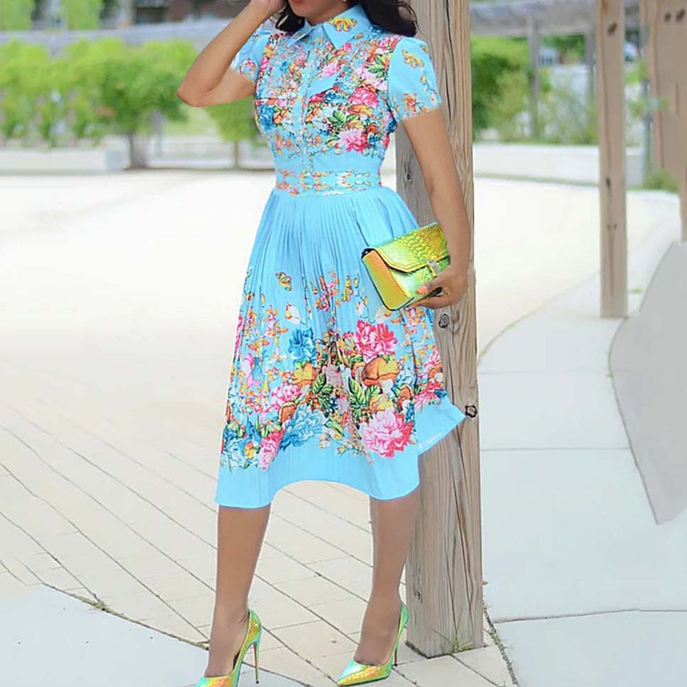 Women Pleated Floral Print Elegant Dress 2021