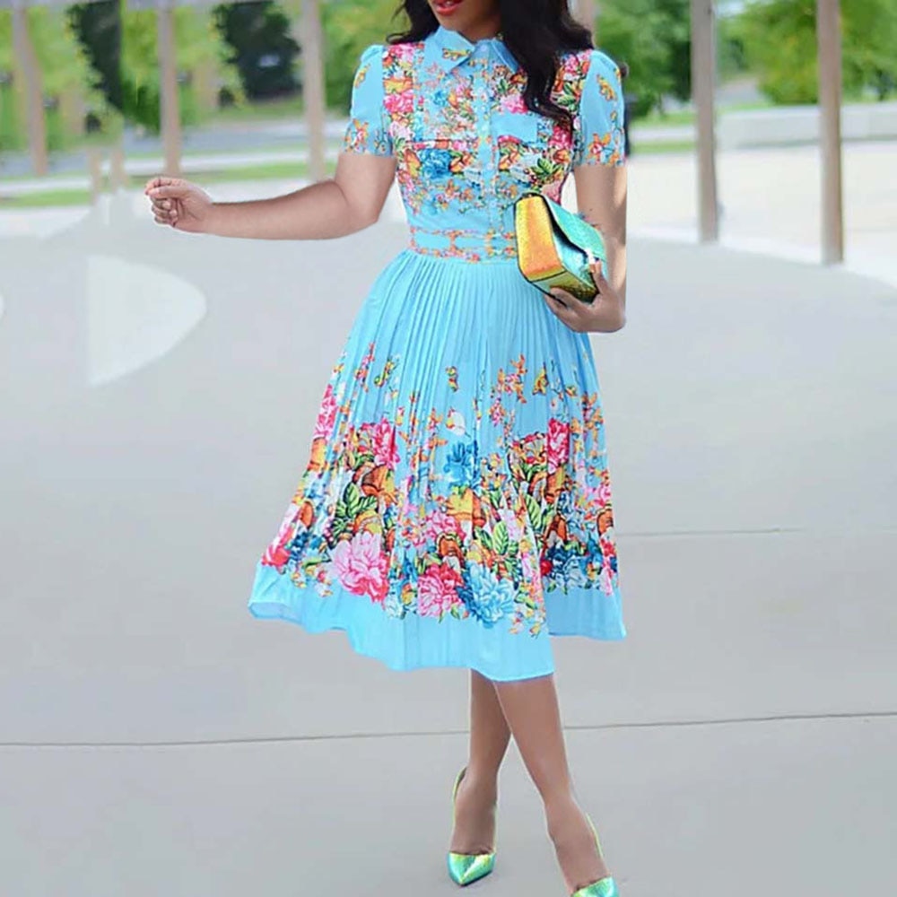 Women Pleated Floral Print Elegant Dress 2021