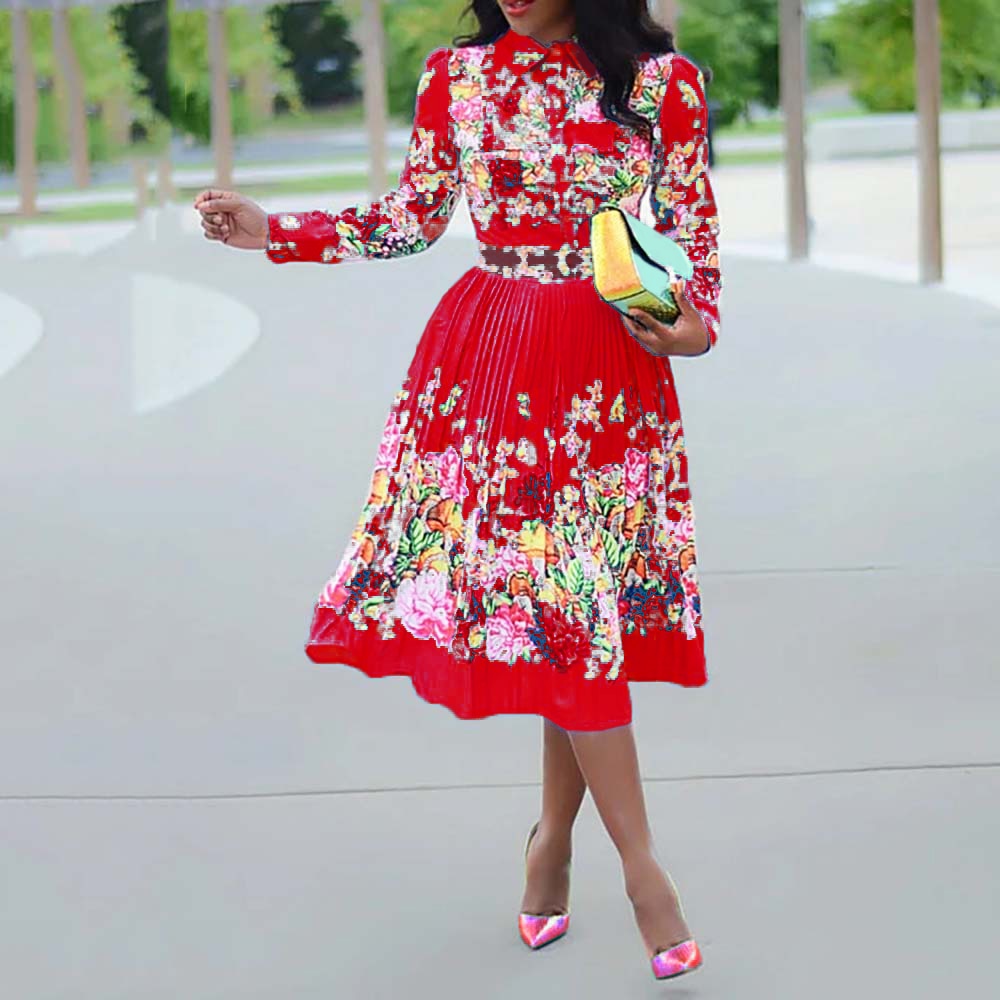 Women Pleated Floral Print Elegant Dress 2021