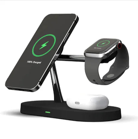 5-in-1 Magnetic Wireless Charger with Phone & Watch Stand – 15W Fast Charging Dock